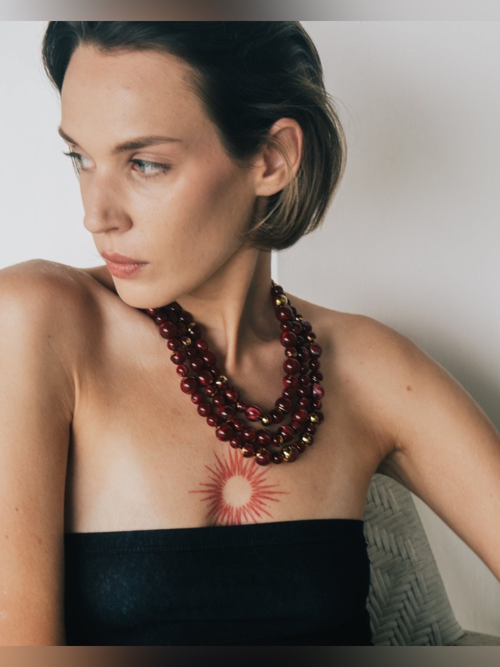 Red Imitation Pearl Multi-Layer Statement Necklace | 18K PVD Gold Plated - Picture 5 of 5